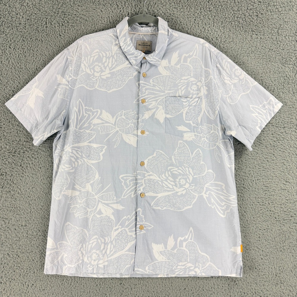 Quiksilver Waterman Shirt Mens XL Blue Floral Hawaiian Short Sleeve Button Up
